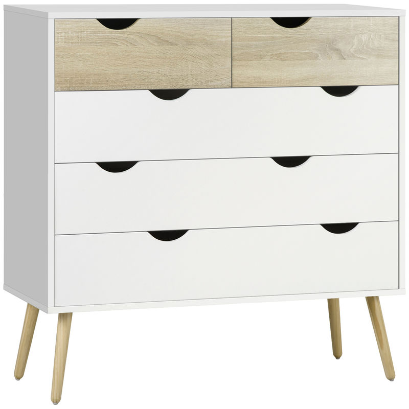 Homcom cómoda com 5 gavetas cómoda de quarto com pés de madeira cómoda para sala escritório estilo nórdico 99x39x101 cm blanc e carvalho