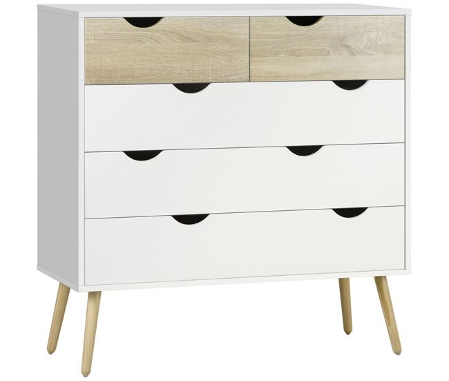 Homcom cómoda com 5 gavetas cómoda de quarto com pés de madeira cómoda para sala escritório estilo nórdico 99x39x101 cm blanc e carvalho