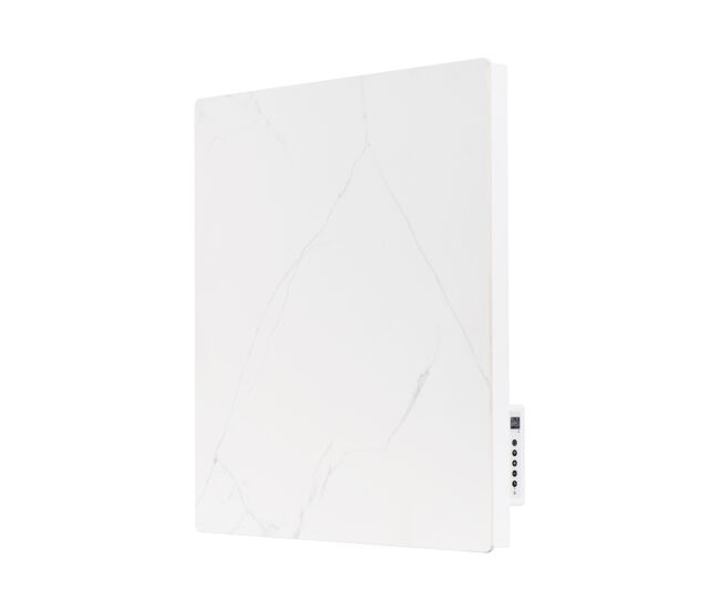 Emissor térmico com painel frontal em imitação de mármore de pedra sinterizada. duplo sistema de emissão de calor por convecção e radiação. inércia