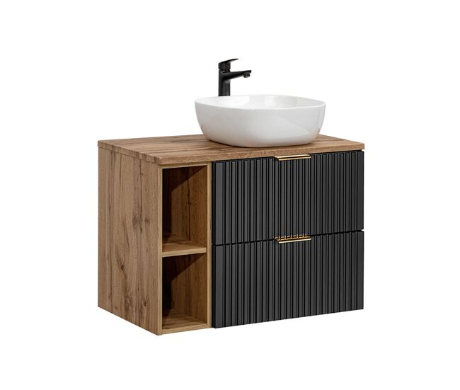 Móvel de lavatório simples 80cm 2 nichos adriel preto e madeira