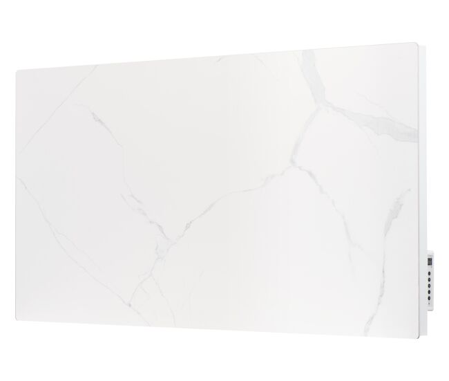 Emissor térmico com painel frontal em imitação de mármore de pedra sinterizada. duplo sistema de emissão de calor por convecção e radiação. inércia