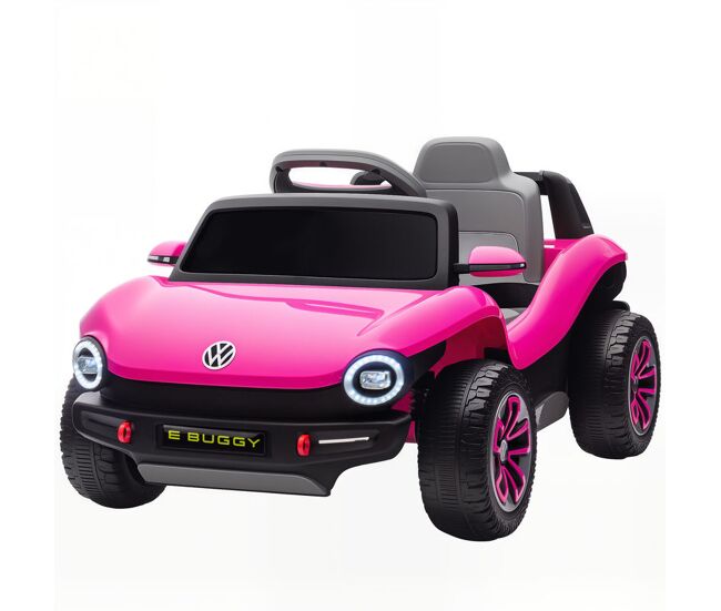 Aiyaplay carro électrique para enfants acima de 3 anos volkswagen e-buggy bateria 12v com controlo remoto 2,4 g rodas com suspensão faróis led música usb e motor duplo 98x56,5x47 cm rosa
