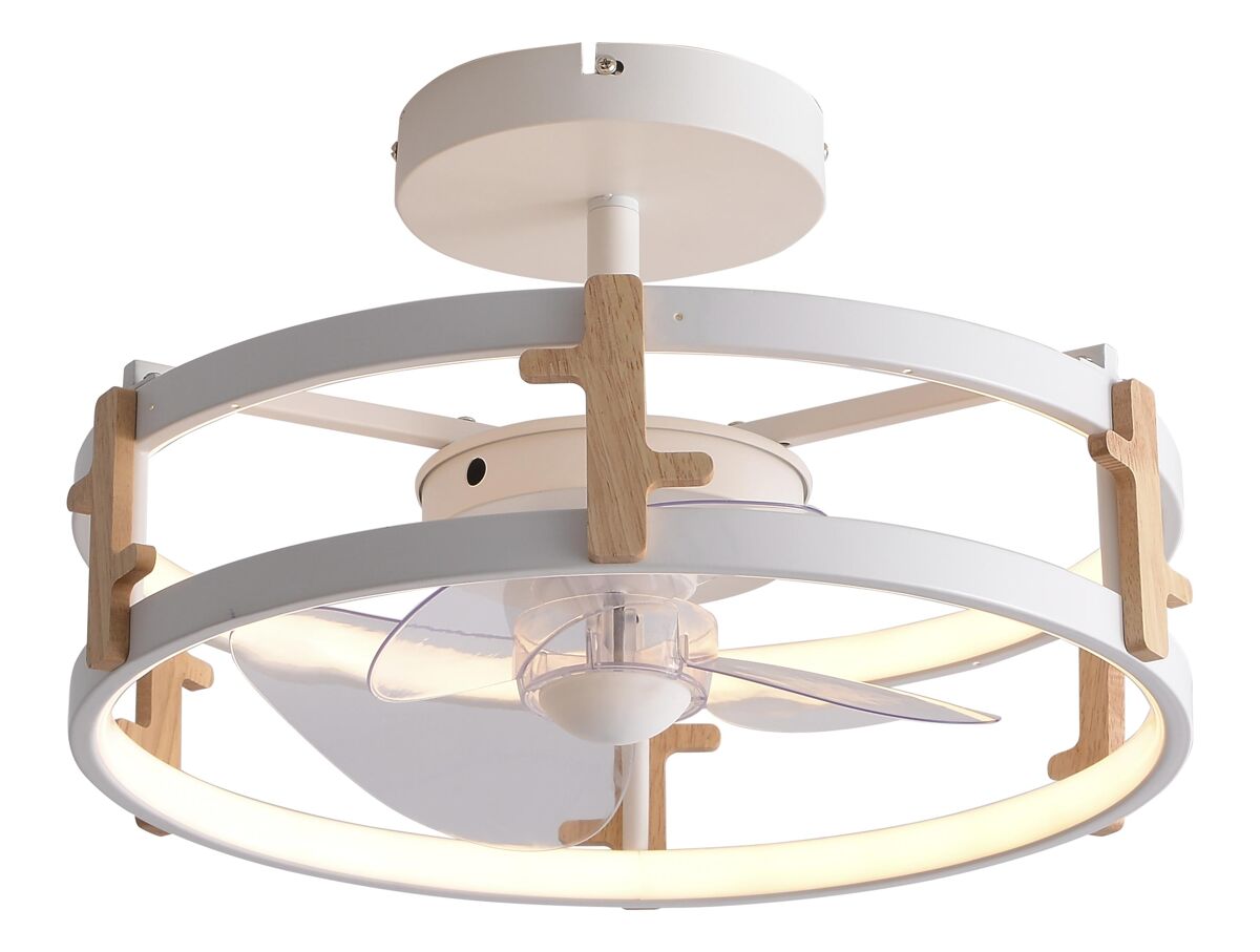 Candeeiro led para ventoinha de teto com detalhes de acabamento em madeira. controlo com telecomando ou através da aplicação via bluetooth. três tipos