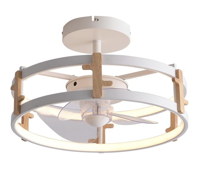 Candeeiro led para ventoinha de teto com detalhes de acabamento em madeira. controlo com telecomando ou através da aplicação via bluetooth. três tipos