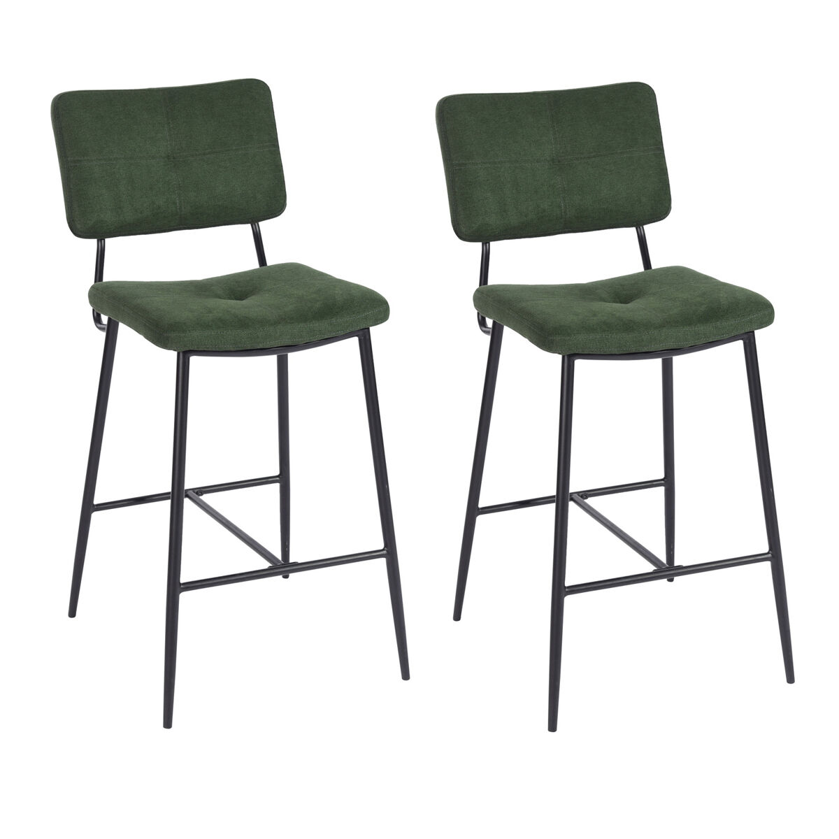 Conjunto de 2 bancos altos de bar com encosto e assento acolchoado em tecido verde, estrutura metálica preta com apoio para pés, estilo moderno