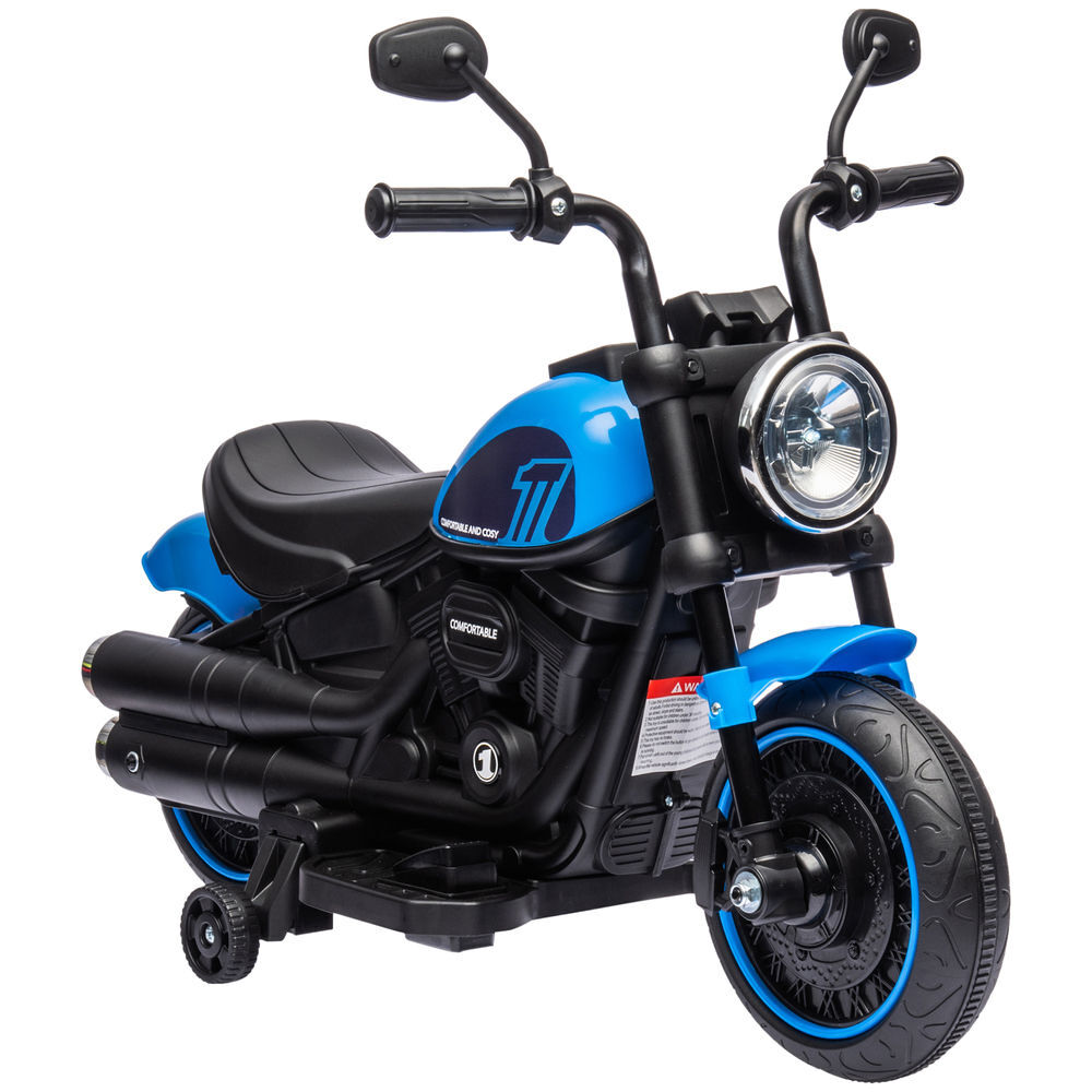 Homcom motocicleta elétrica para crianças de 18-36 meses com bateria 6v farol e rodas auxiliares removíveis carga 25 kg 76x42x57 cm azul