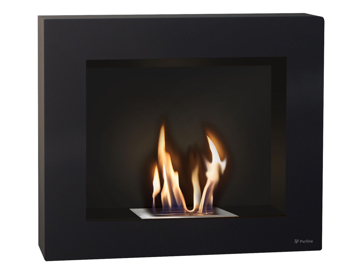 Lareira a etanol de 1,75kw e 1,2l de capacidade. design retangular em aço lacado a preto. sem fumos, odores ou cinzas. adaptável ao bloco de chama simulada purline firecool compact.