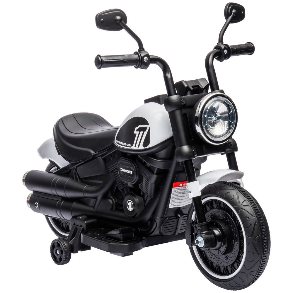 Homcom motocicleta elétrica para crianças de 18-36 meses motocicleta elétrica infantil com bateria 6v farol e rodas auxiliares removíveis carga 25 kg 76x42x57 cm branca