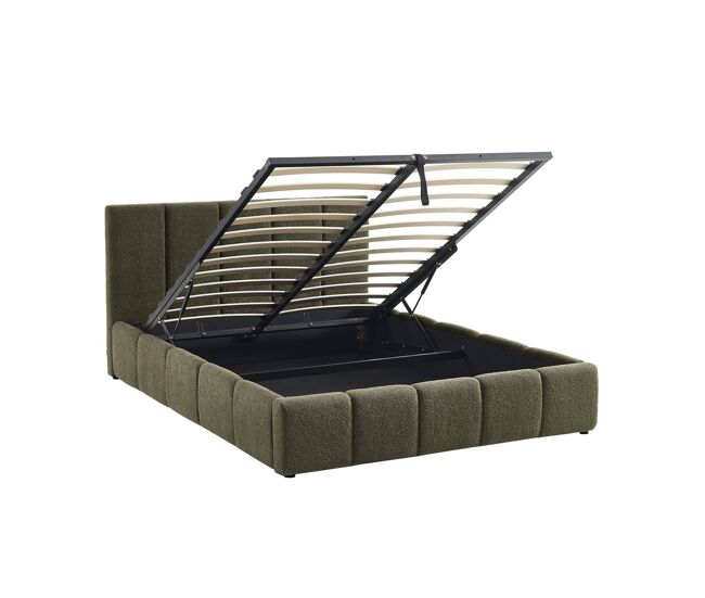 Cama baú com estrado de ripas e cabeceira 140cm, acabamento boucle, lex, verde caqui, 211x155x91 cm