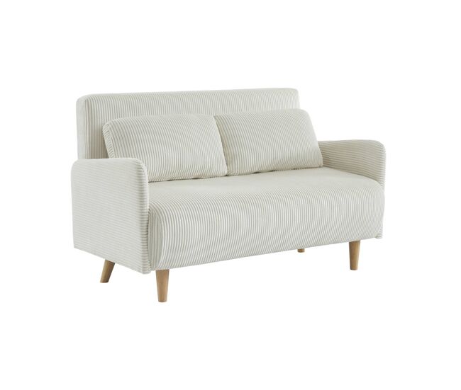 Sofá-cama em veludo canelado com pernas de madeira de 2 lugares, panam veludo canelado grosso, blanc, 131x75x81 cm