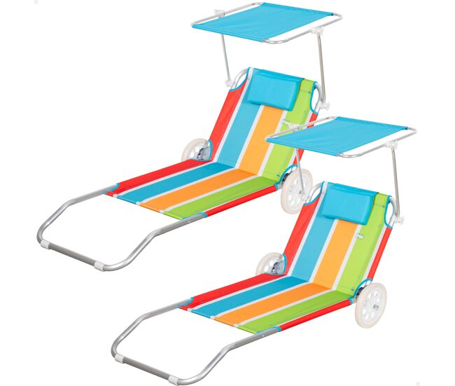 Pack de 2 espreguiçadeiras de praia 2 em 1 c/almofada almofadada e guarda-sol aktive