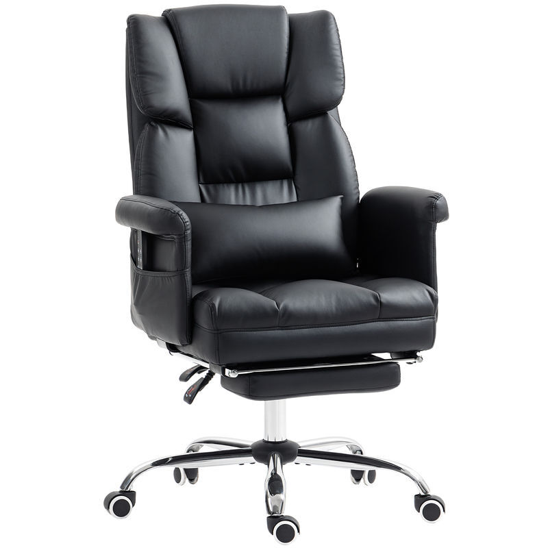 Homcom cadeira de escritório com 6 pontos de massagem vibratória cadeira giratória ergonómica com apoio para pés retrátil altura ajustável comando remoto e suporte lombar tecido de pu noir