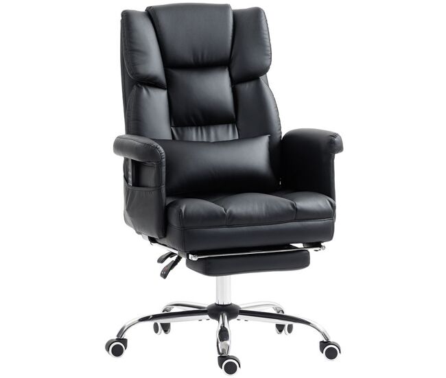 Homcom cadeira de escritório com 6 pontos de massagem vibratória cadeira giratória ergonómica com apoio para pés retrátil altura ajustável comando remoto e suporte lombar tecido de pu noir