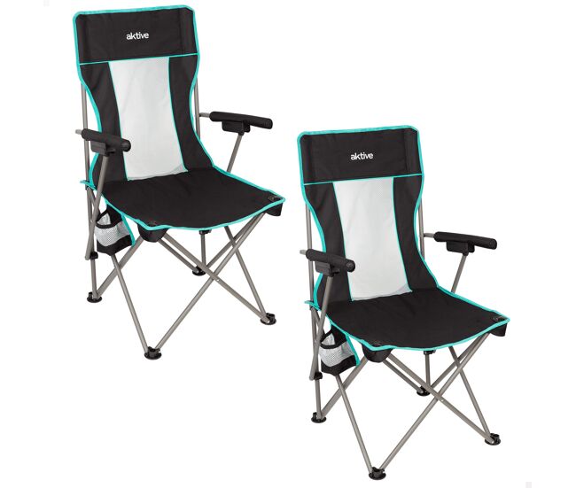 Aktive pack com 2 cadeiras de acampamento dobráveis de luxo 48x48x102 cm pretas com encosto de malha
