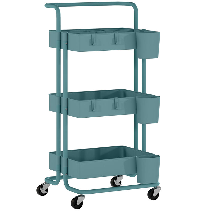 Homcom carrinho de cozinha de acier carrinho de armazenamento com 4 ganchos 3 cestas removíveis 3 caixas suspensas e travões para casa de banho sala de estar dormitório 42x38x86,5cm noir