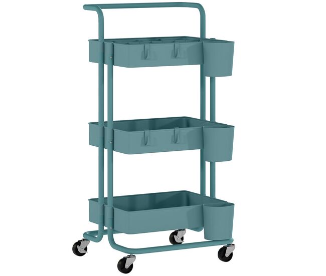 Homcom carrinho de cozinha de acier carrinho de armazenamento com 4 ganchos 3 cestas removíveis 3 caixas suspensas e travões para casa de banho sala de estar dormitório 42x38x86,5cm noir