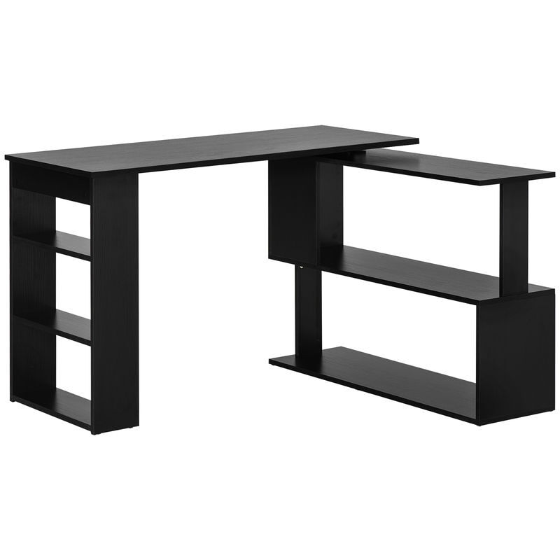 Homcom mesa de computador secretária mesa de canto giratória 360° com 5 prateleiras para casa escritório preto