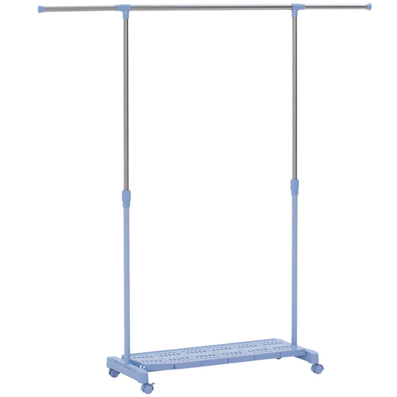 Homcom charriot extensível com rodas charriot de roupa com barra de acier inox e étagère para sapatos altura ajustável para interior 94-159x42x93-168 cm bleu e argenté