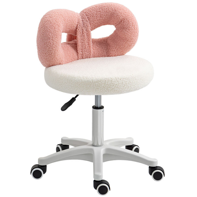 Homcom banco giratório com encosto, banco com rodas, altura regulável 63-77 cm, estofado em tecido peluche para escritório, penteadeira, salões, oficinas, spa, massagem, blanc e rosa