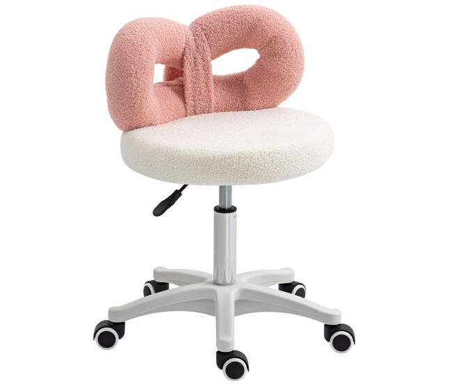 Homcom banco giratório com encosto, banco com rodas, altura regulável 63-77 cm, estofado em tecido peluche para escritório, penteadeira, salões, oficinas, spa, massagem, blanc e rosa