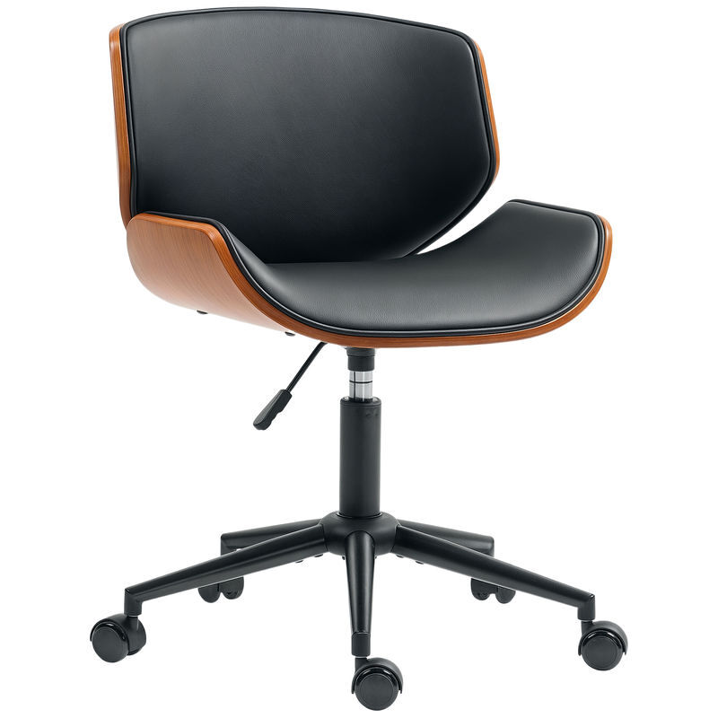 Homcom cadeira de escritório sem braços cadeira de secretária vintage giratória estofada em pu madeira curvada altura ajustável encosto curvo função de baloiço 52x54x74-84 cm noir e madeira