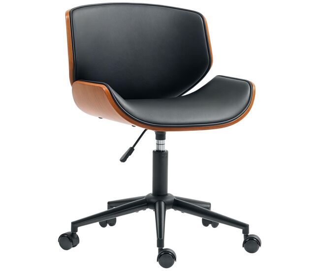 Homcom cadeira de escritório sem braços cadeira de secretária vintage giratória estofada em pu madeira curvada altura ajustável encosto curvo função de baloiço 52x54x74-84 cm noir e madeira
