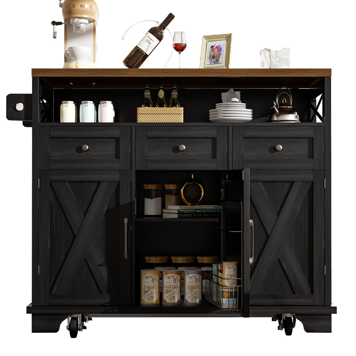 Ilha de cozinha moderna 118×43-80×98 cm - móvel de cozinha com design em madeira, carrinho com rodas, armazenamento multifuncional, divisórias