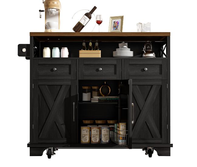 Ilha de cozinha moderna 118×43-80×98 cm - móvel de cozinha com design em madeira, carrinho com rodas, armazenamento multifuncional, divisórias