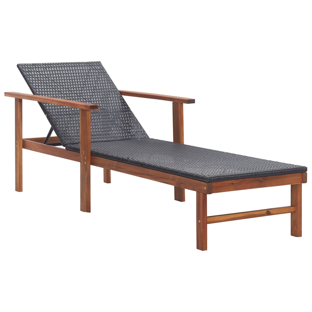 Cadeira de praia para banho de sol, cama de jardim, terraço, móveis de exterior, resina tecida e madeira de acácia sólida preta 02_0012920