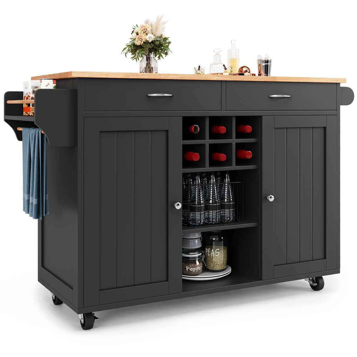 Ilha de cozinha moderna 102x45x92 cm - móvel de cozinha, carrinho de buffet, mesa de jantar multifuncional com arrumação - preto