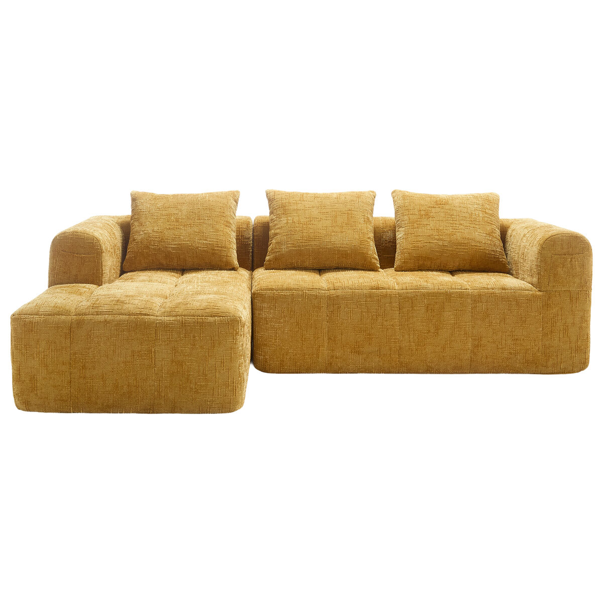 Sofá seccional moderno l - 3 lugares, sofá chenille com chaise longue, braços e 3 almofadas - amarelo