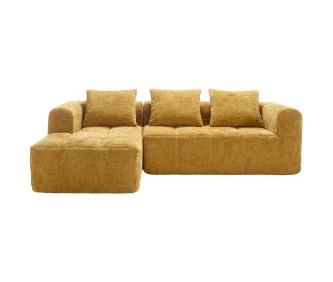 Sofá seccional moderno l - 3 lugares, sofá chenille com chaise longue, braços e 3 almofadas - amarelo