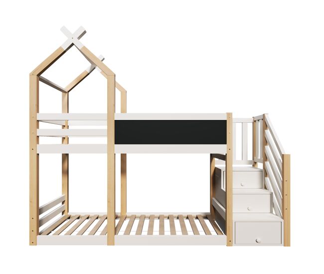 Beliche 90x200 - design de casa na árvore, com quadro negro, arrumação e proteção contra quedas - natural e branco