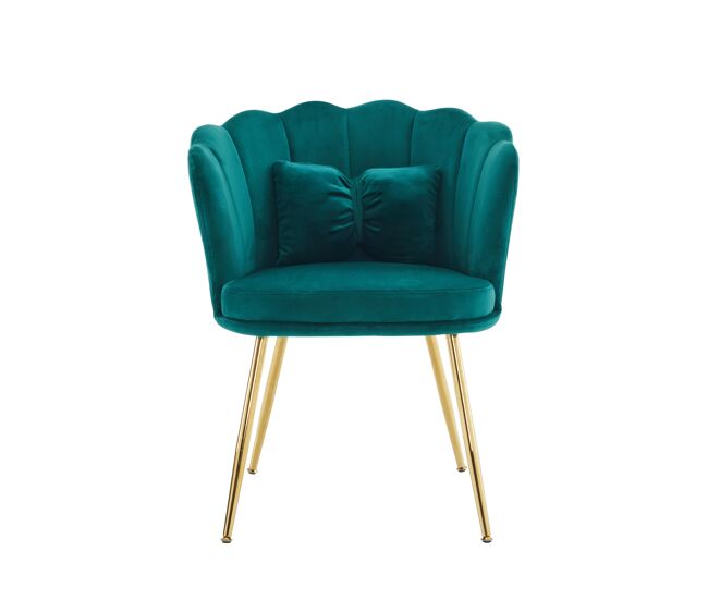 Poltrona moderna de veludo - confortável, acolchoada, com encosto em forma de pétalas e pernas metálicas douradas - verde