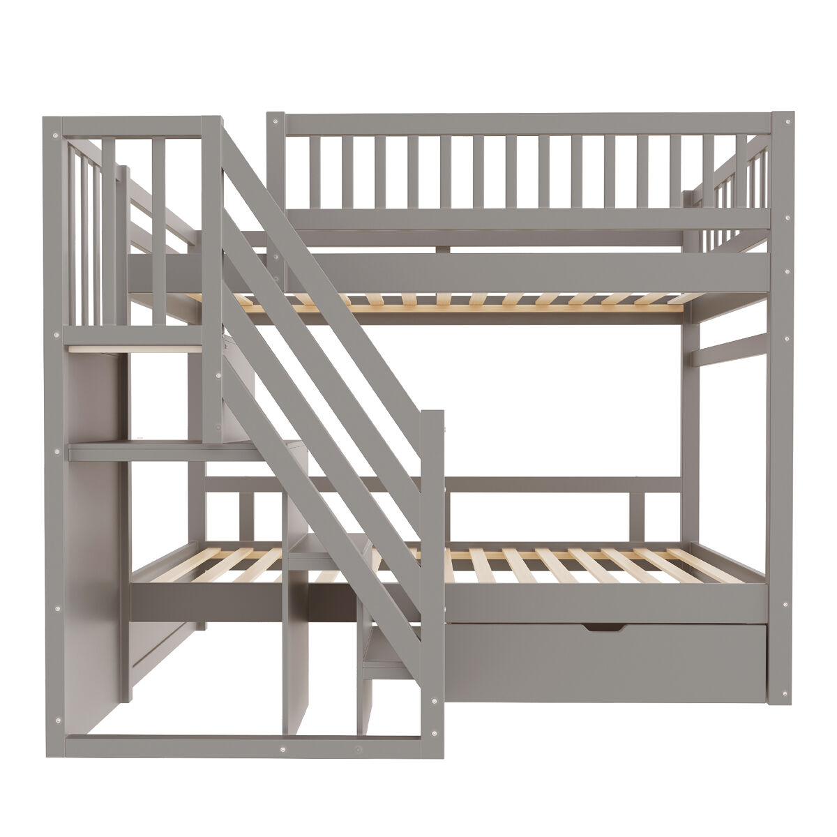 Cama beliche 90*200 cm - com painel de segurança alto, com estrado, escada de segurança com arrumação, com gavetas, cama infantil juvenil - cinza