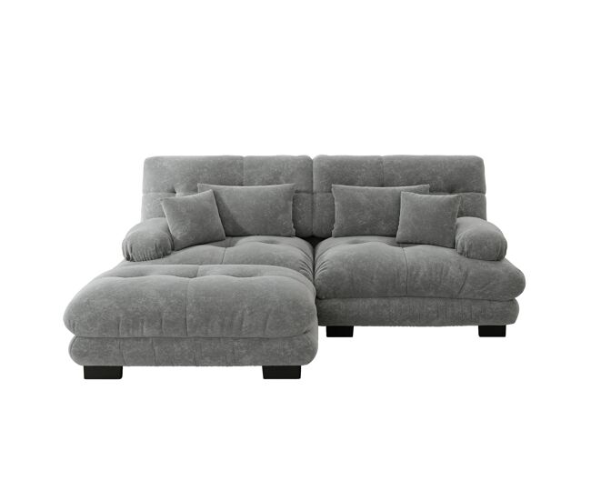 Sofá cloud 2 lugares - chenille com 2 almofadas lombares, 2 almofadas decorativas, braços largos e otomano - gris