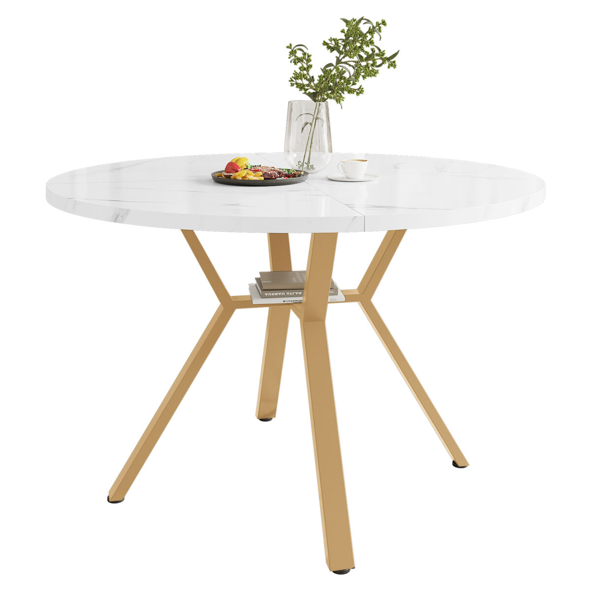 Mesa redonda de mármore 100 cm - mesa de jantar moderna e simples, base em forma de x, suporte metálico - dourado