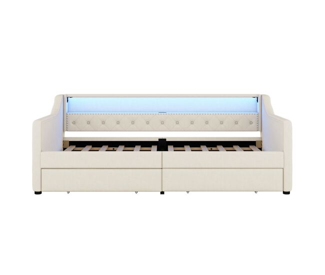 Cama de dia 90x200 cm - sofá-cama, com estrado de ripas (sem colchão), luz ambiente com comando, duas gavetas, porta usb - bege