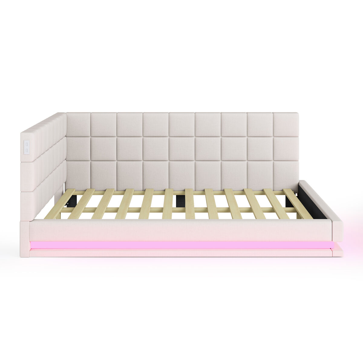 Sofá-cama de linho 160x200 - multifuncional com luzes led, porta usb e estrado - bege