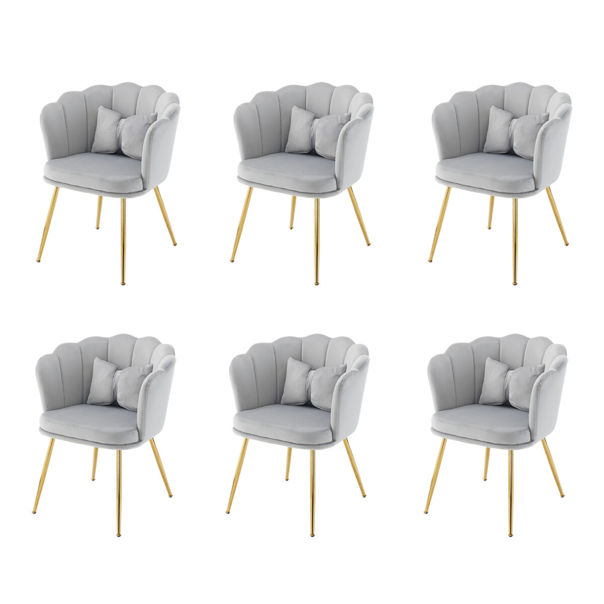 Conjunto de 6 cadeiras modernas em veludo - com encosto em forma de pétalas e pernas metálicas douradas - cinza