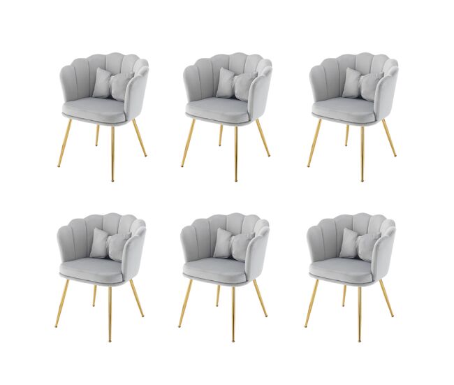 Conjunto de 6 cadeiras modernas em veludo - com encosto em forma de pétalas e pernas metálicas douradas - cinza