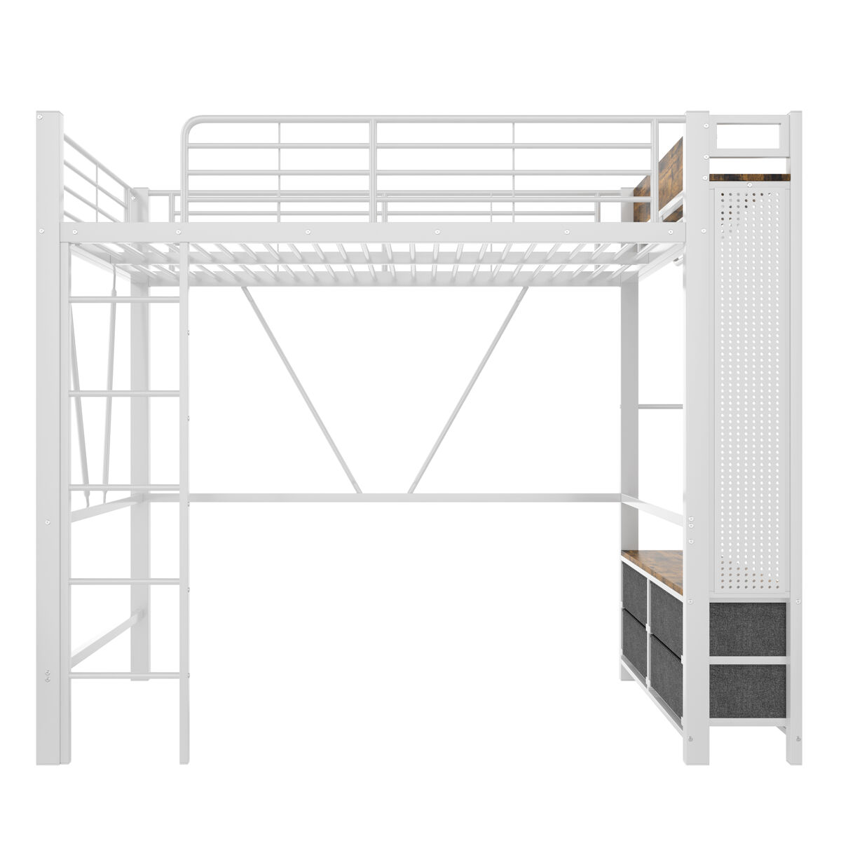 Cama alta 90x200 cm - estrutura em ferro, barra para secar roupa, prateleiras, 4 gavetas, usb+type-c, led, grade de proteção, escada, painel perfurado