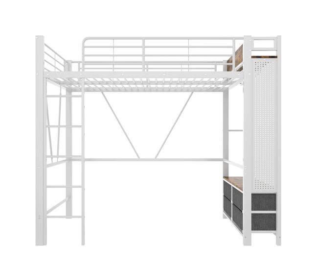 Cama alta 90x200 cm - estrutura em ferro, barra para secar roupa, prateleiras, 4 gavetas, usb+type-c, led, grade de proteção, escada, painel perfurado
