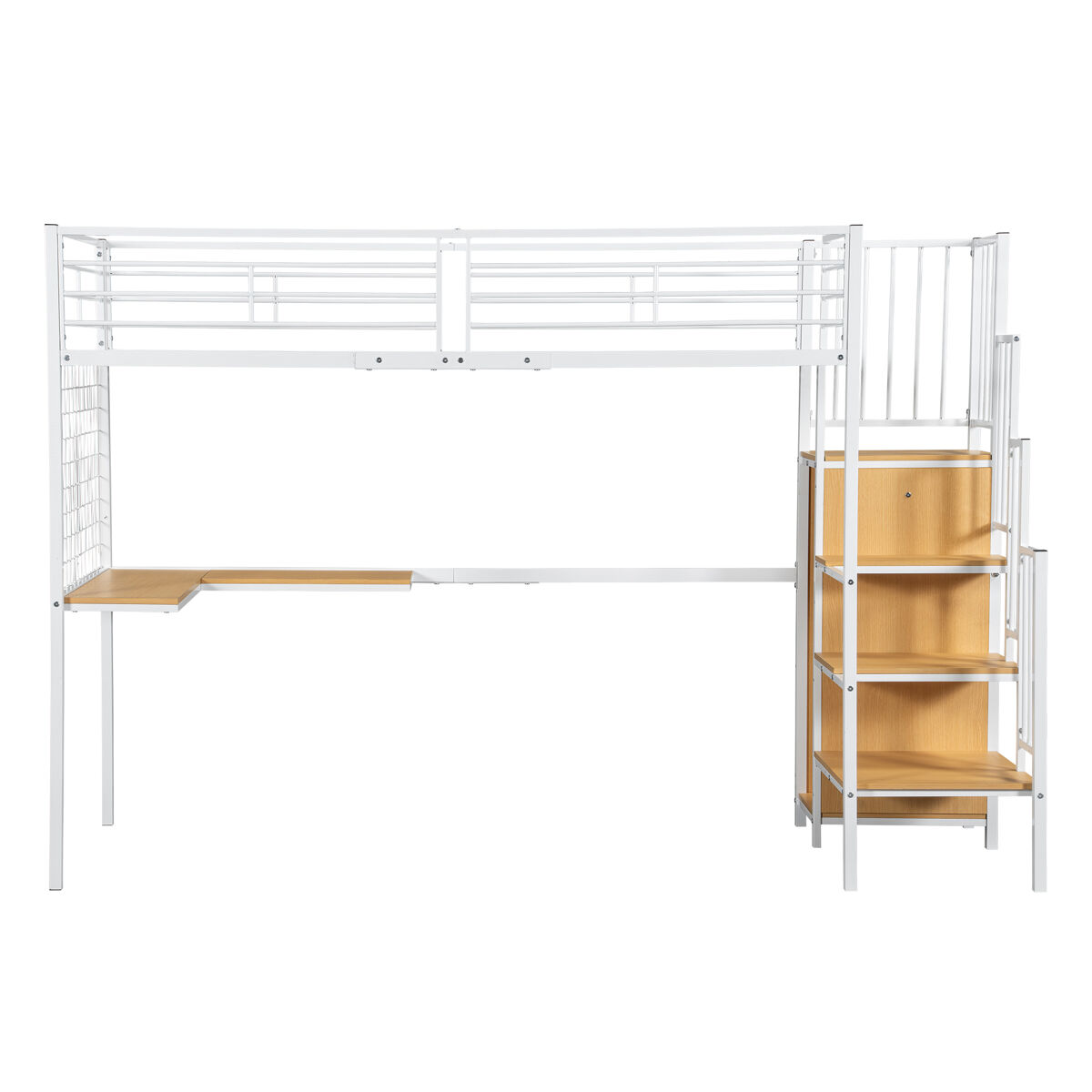 Cama de ferro 90x200cm - cama alta com secretária e armário, escada lateral com corrimão - branco+natural