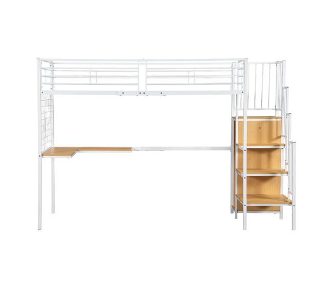 Cama de ferro 90x200cm - cama alta com secretária e armário, escada lateral com corrimão - branco+natural