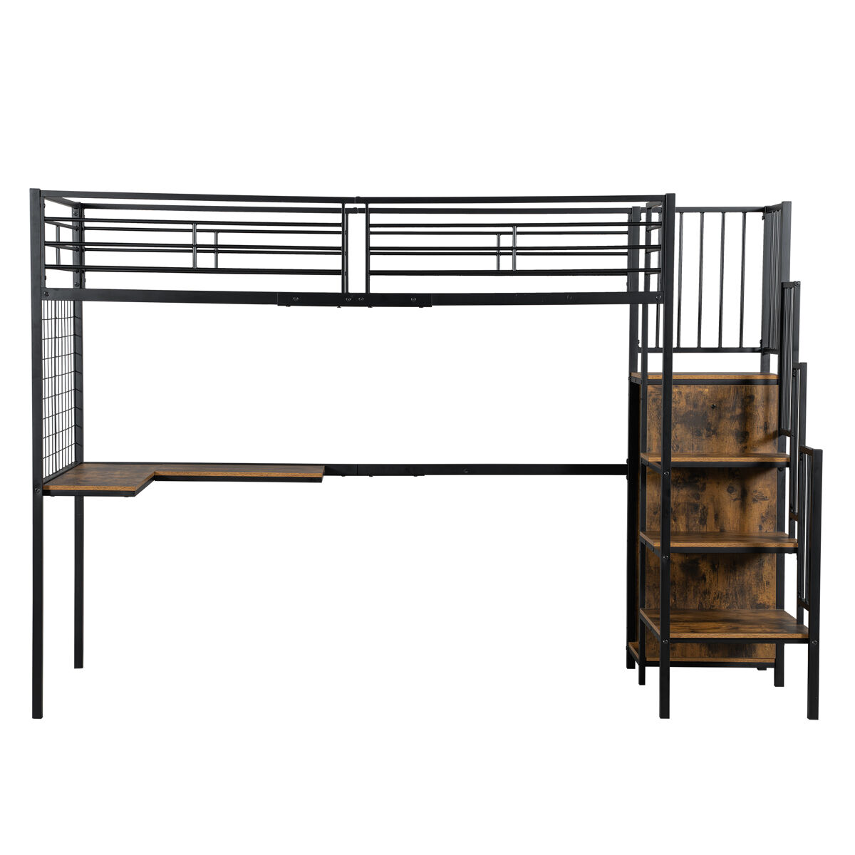 Beliche 90x200cm - com mesa e armário, com escada lateral, ferro e painel de partículas - preto+madeira escura