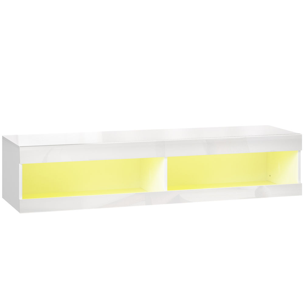 Homcom móvel de tv suspenso com luzes led controlo remoto compartimentos orifício passa-cabos para televisão 55-60 polegadas 140x40x30 cm branco