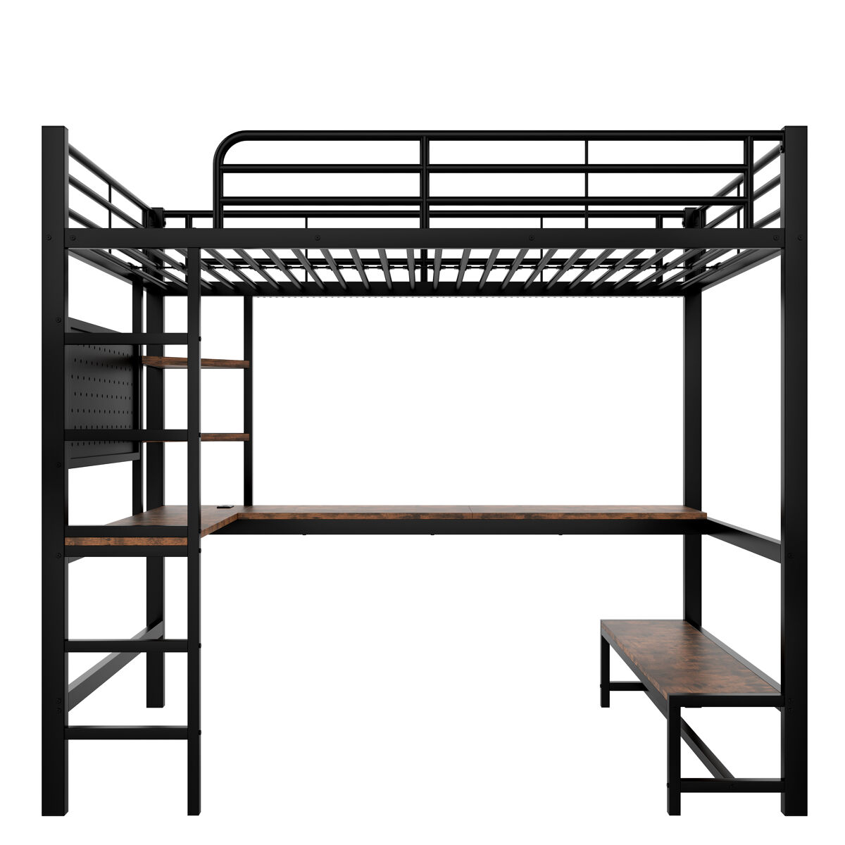 Cama alta 90x200 cm - estrutura em ferro, secretária, corrimão, escada, prateleiras, com porta usb+type-c, com faixa led, com painel perfurado - preto
