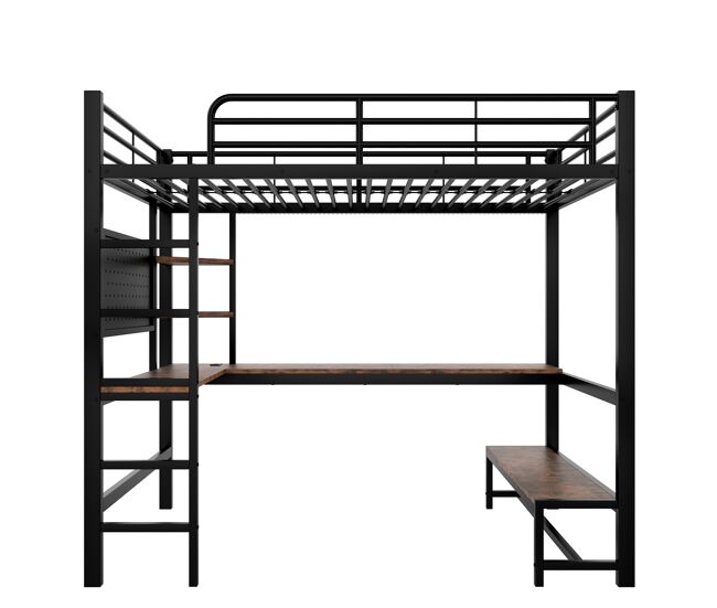 Cama alta 90x200 cm - estrutura em ferro, secretária, corrimão, escada, prateleiras, com porta usb+type-c, com faixa led, com painel perfurado - preto