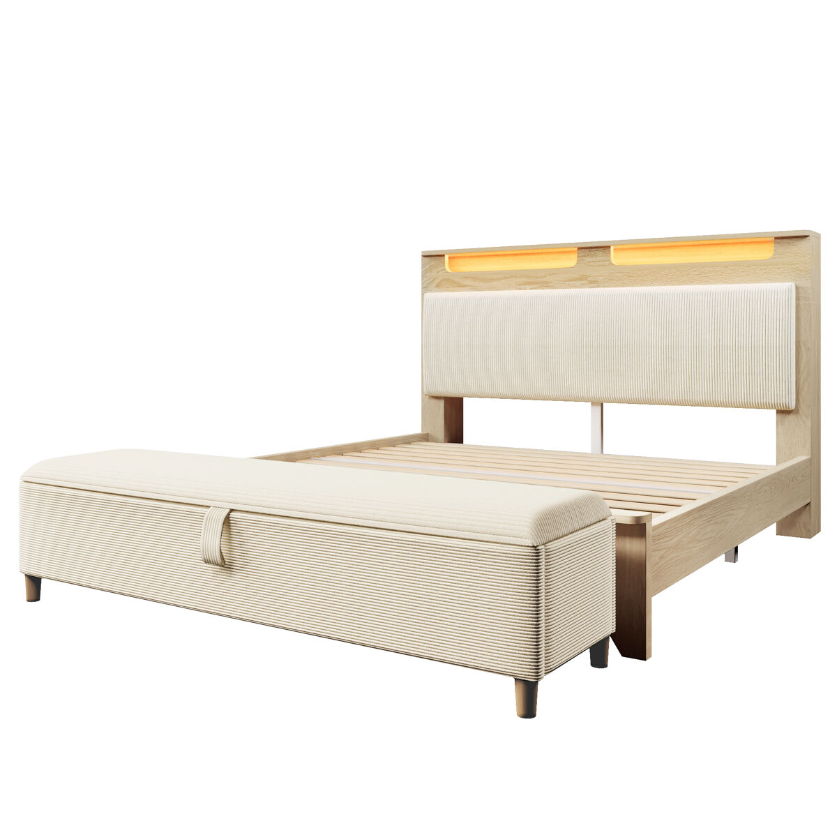 Cama de casal 140x200 cm - com banco de arrumação, cabeceira com iluminação led e encosto em cordão bege - madeira clara